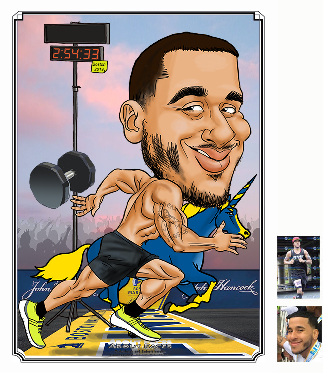 caricature of Jose Figueroa running the Boston Marathon by caricature artist mike hasson