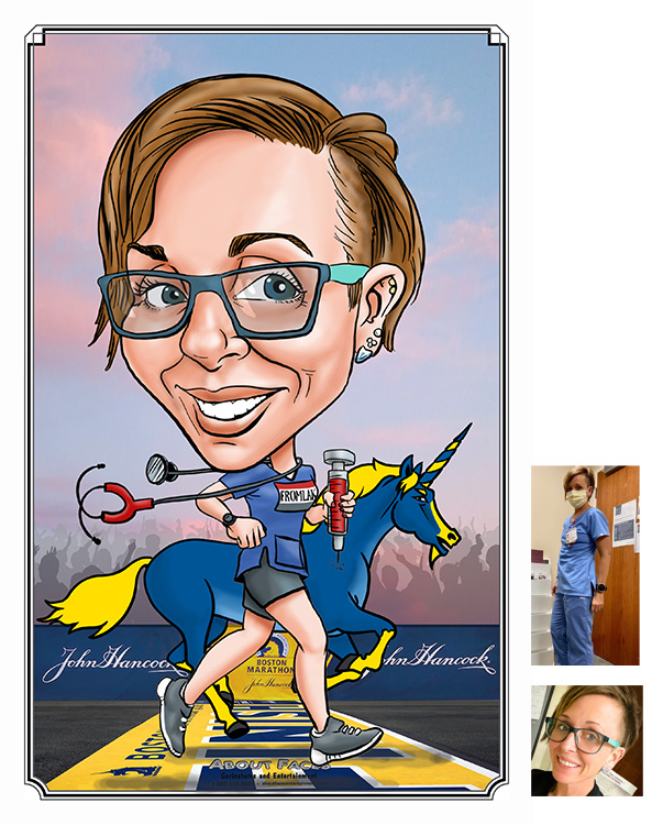 caricature of Lori Ann Fromlak running the Boston Marathon by caricature artist mike hasson