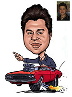 caricature of driving a hot rod charger by caricature artist Mike Hasson